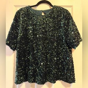 Alex Marie Emerald Green Sequin Short Sleeve Top